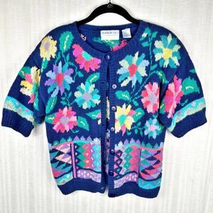 Vintage Northern Isles Colorful Floral Geo Knit Short Sleeve Cardigan Size S